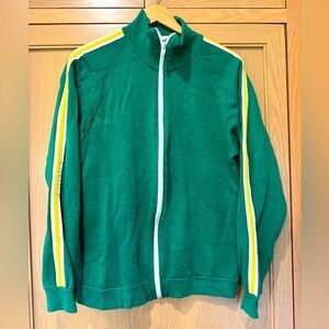 Vintage Warm Up Green Track Jacket with Yellow and White Stripes Retro Zip / Lg